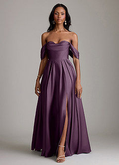 Azazie Loisa Abiti da Damigella Abito A-Line in Raso Elasticizzato a Spalla Scoperta Prugna image7