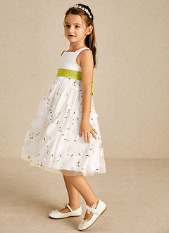 Azazie Pollie Flower Girl Dresses Ivory Lemongrass A-Line Bow Tulle Dress image5
