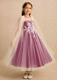 Azazie Amina Flower Girl Dresses Ivory Mulberry A-Line Lace Tulle Dress image6