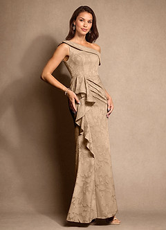 Azazie Hamptons vestidos de madre de la novia Vestido de Champán de Devorado Floral de Corte En A con Plisado image4