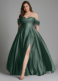 Azazie Loisa Vestidos de damas de honor Vestido Musgo Marino de Satén Elástico de Línea A con Hombros descubiertos image11