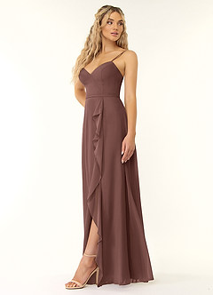 Azazie Naeem Bridesmaid Dresses Espresso A-Line V-Neck Ruffle Chiffon Dress image3