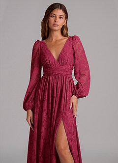 Azazie Norah Bridesmaid Dresses Burgundy A-Line Long Sleeve Floral Burnout Dress image7