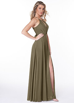 Azazie Evalleen Vestidos de damas de honor Vestido de Verde Sauce de Gasa de Corte en A con Plisado image5