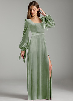 Azazie Leonia Bridesmaid Dresses Dusty Sage A-Line Long Sleeve Velvet Dress image4