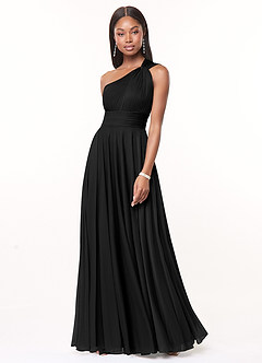 Azazie Charlize Vestidos de damas de honor Vestido Negro de Malla de Línea A con Un hombro image4