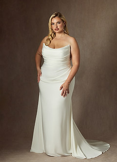 Azazie Elyse At-home Try On Dresses Diamond White Mermaid Strapless Crepe Back Satin Dress image14