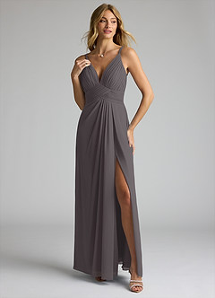 Azazie Maren Allure Brautjungfernkleider A-Linie V-Hals Spitze Chiffon Kleid Stahlgrau image1