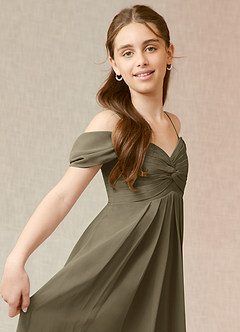 Azazie Kaitlynn Junior Willow Green A-Line Off the Shoulder Chiffon Dress image6