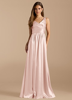 Azazie Keyla Bridesmaid Dresses Blushing Pink A-Line Pleated Metallic Satin Dress image1