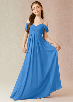 Azazie Kaitlynn Junior Robe Trapèze en Mousseline de soie Épaule décolletée Geai Bleu image1