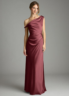 Azazie Emerson Vestidos de damas de honor Vestido Merlot de Satén Elástico de Corte Sirena con Hombros descubiertos image4