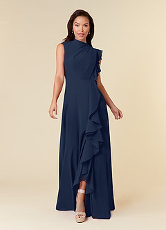 Azazie Narine Mother of the Bride Dresses Dark Navy A-Line High Neckline Pleated Chiffon Dress image3