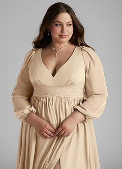 Azazie Norah At-home Try On Dresses Champagne A-Line V-Neck Long Sleeve Chiffon Dress image10