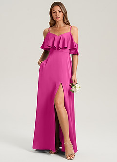 Azazie Jean Bridesmaid Dresses Fuchsia A-Line Off the Shoulder Stretch Satin Dress image3