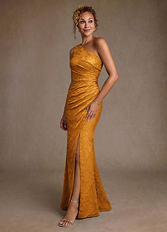 Azazie Joylin Mother of the Bride Dresses Butterscotch Trumpet One Shoulder Floral Burnout Dress image3