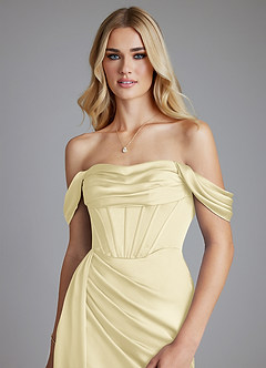 Azazie Amyra Bridesmaid Dresses Lemon Sorbet Mermaid Off the Shoulder Stretch Satin Convertible Dress image4