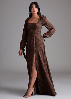 Azazie Leonia Bridesmaid Dresses Ganache A-Line Long Sleeve Floral Burnout Dress image2