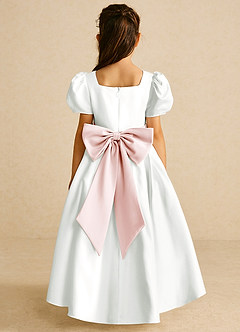 Azazie Zippy Flower Girl Dresses Ivory Blushing Pink A-Line with Sleeves Matte Satin Dress image5