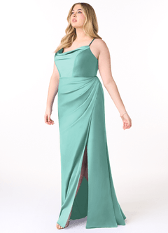 Azazie Marzia Bridesmaid Dresses Aqua Sheath Cowl Pleated Stretch Satin Dress image9