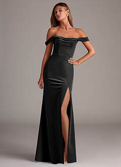 Azazie Saige Bridesmaid Dresses Black Sheath Off the Shoulder Velvet Convertible Dress image1
