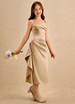 Azazie Canna Girls Formal Blumenmädchenkleider A-Linie Plissee Stretch-Satin Kleid Gold image3