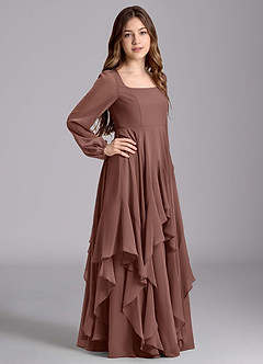 Azazie Clara Junior Espresso A-Line Blouson Chiffon Dress image4