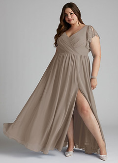 Azazie Zella Bridesmaid Dresses Taupe A-Line Lace Chiffon Dress image7