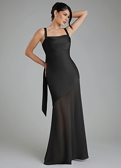 Azazie Piper Vestidos de damas de honor Vestido de Negro de Satén Elástico de Corte Sirena con Plisado image6