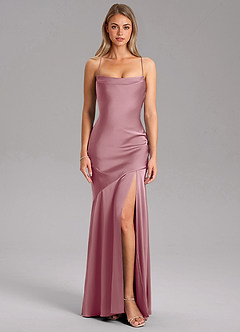 Azazie Grata Bridesmaid Dresses Vintage Mauve Sheath Side Slit Stretch Satin Dress image3