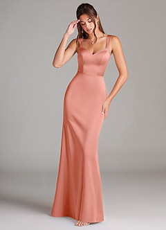 Azazie Denice Bridesmaid Dresses Coral Sheath Pleated Stretch Satin Dress image1