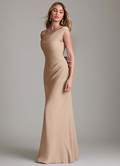 Azazie Emerson Bridesmaid Dresses Taupe Sheath Off the Shoulder Chiffon Dress image6