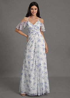 Azazie Dakota Vestidos de damas de honor Vestido de Casa Floral Azul de Gasa de Corte en A con Cuello en V plisado image3