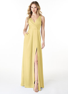 Azazie Nelly Brautjungfernkleider A-Linie Plissee mit V-Ausschnitt Stretch-Satin Kleid Zitronensorbet image1
