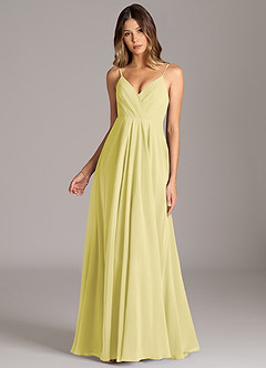Azazie Amani Vestidos de damas de honor Vestido de Sorbete De Limón de Gasa de Corte en A con Plisado image4
