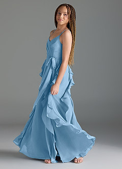 Azazie Peyton Junior Steel Blue A-Line V-Neck Cascading Ruffles Chiffon Dress image4