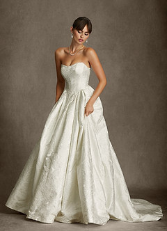 Azazie Bria Wedding Dresses Antique White Ball-Gown Strapless Floral Jacquard Dress image2