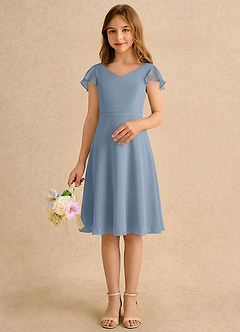 Azazie Narin Girls Formal Jurken voor bloemenmeisjes A-Lijn Jurk van Chiffon met Mouwen Stoffig Blauw image3