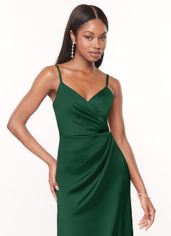Azazie Maci Bridesmaid Dresses Dark Green A-Line V-Neck Pleated Stretch Satin Dress image5