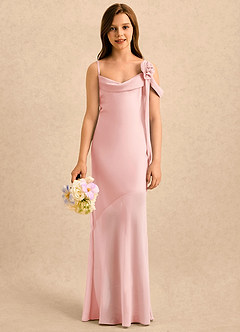Azazie Kai Girls Formal Robe Demoiselle D'honneur Fillette Robe Fourreau en Satin extensible Plissée Rose Poudré image1