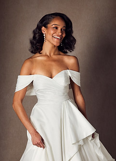 Azazie Alexandria Wedding Dresses Diamond White A-Line Off the Shoulder Matte Satin Dress image8