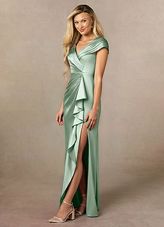 Azazie Anderson Mother of the Bride Dresses Agave A-Line Pleated Stretch Satin Dress image4