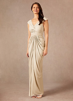 Azazie Lisolette Mère de la mariée Robes Robe Fourreau en Maille Plissée Champagne image4