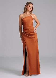Azazie Eren Robes de demoiselle d'honneur Robe Sirène en Satin extensible Ue épaule Cannelle image4