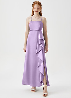 Azazie Kaylee Junior Robe Trapèze en Satiné métallisé avec ceinture Lilas image5