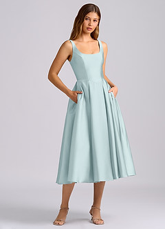 Azazie Amalie 신부 들러리 드레스 A라인 주름진 스트레치 새틴 티 길이 드레스 image3