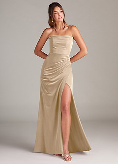 Azazie Leonis Final Sale Champagne Mermaid Strapless Velvet Dress image1