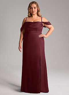 Azazie Saige Robes de demoiselle d'honneur Robe Fourreau en Satin extensible Épaule décolletée Cabernet image15