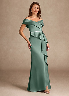 Azazie Dareia Moeder van de bruid jurken Zeemeermin Jurk van Stretch Satijn Off the Shoulder Eucalyptus image4