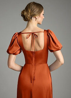 Azazie Fyona Bridesmaid Dresses Burnt Orange A-Line Pleated Stretch Satin Dress image2